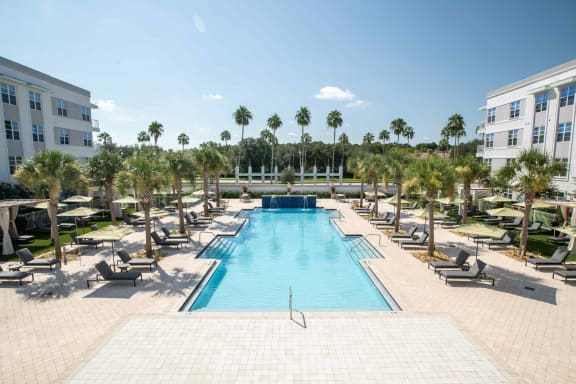 a swimming pool with chaise lounge chairs and palm trees in the background at Delamarre at Celebration, Florida