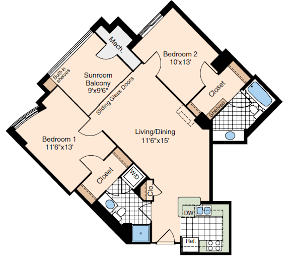 A floor plan of a house with two bedrooms, a living area, and a bathroom.