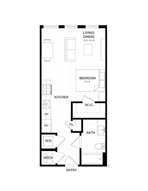 Floor Plan  A floor plan of a small apartment with a living room, bedroom, kitchen, bathroom, and entry.