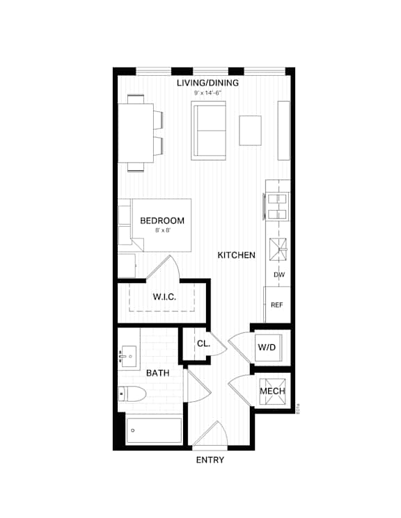 Floor Plan  A floor plan of a small apartment with a bedroom, a kitchen, a living room, a bathroom, and an entry way.