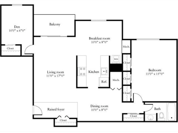 A floor plan of a house with a living room, dining room, kitchen, bedrooms and a den.