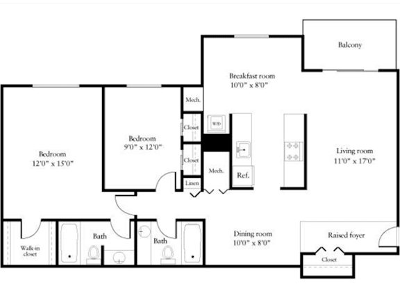 A floor plan of a house with a balcony, breakfast room, two bedrooms, a dining room, a living room, two bathrooms, and a raised foyer.