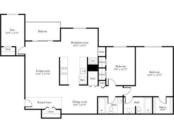 A floor plan of a house with a living room, dining room, kitchen, breakfast room, and three bedrooms.