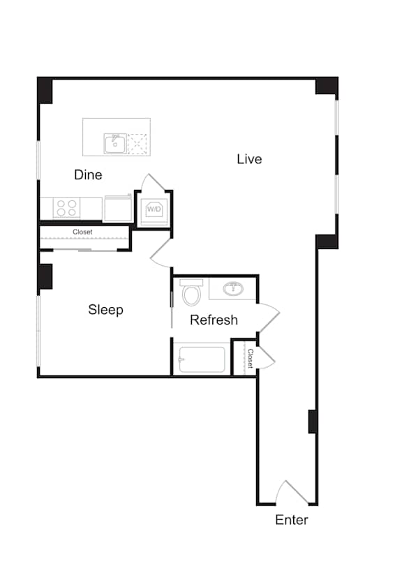 A floor plan of a house with a Dine, Sleep and Live section.