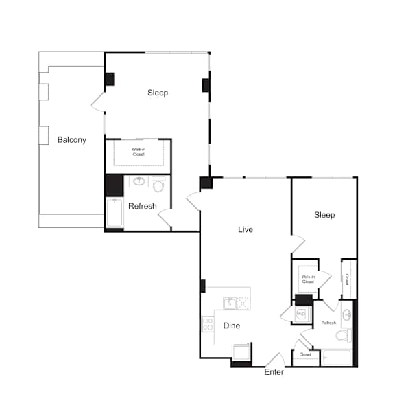 A floor plan of a house with a balcony, sleeping area, dining area, and a kitchen.