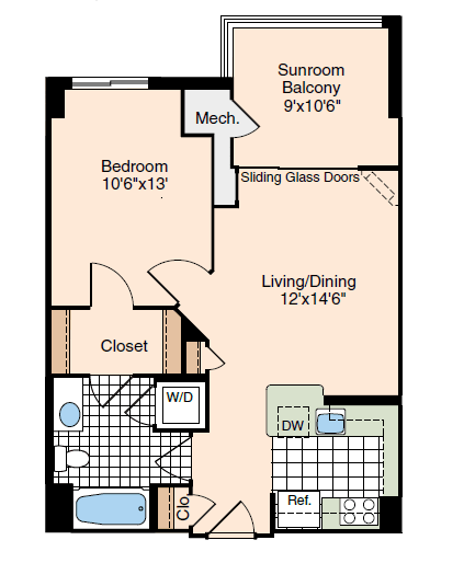 A floor plan of a room with a bedroom, living/dining area, and a sunroom.