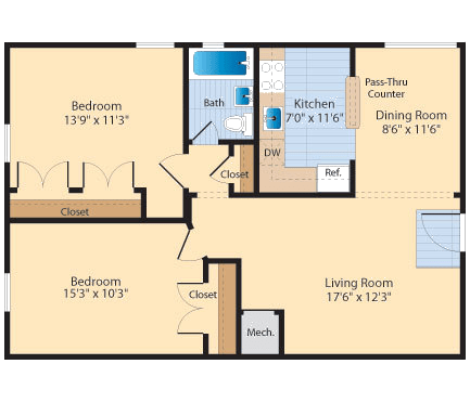 2 bed 1 bath B3 Floor Plan at The Fields of Old Town, Alexandria, VA