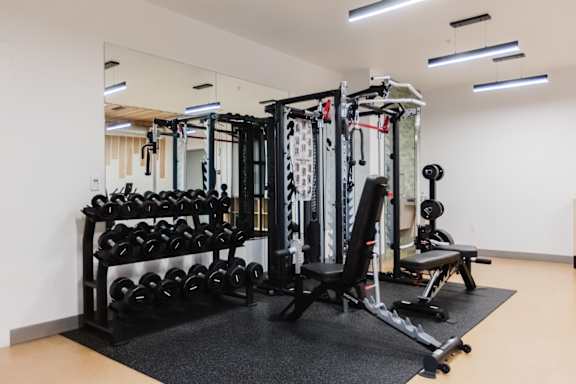 A gym with a variety of equipment including dumbbells, weight plates, and a squat rack.