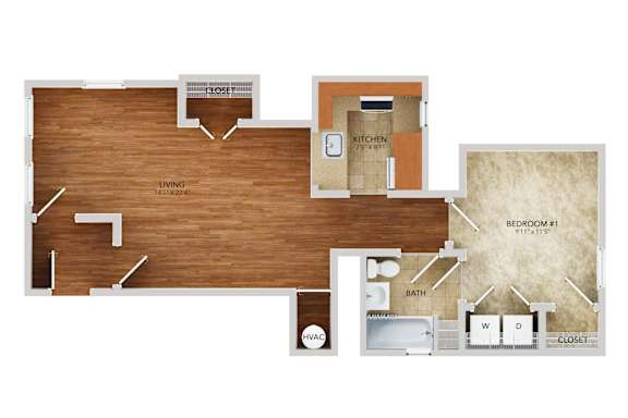 A floor plan of a house with a kitchen, living room, and two bedrooms.