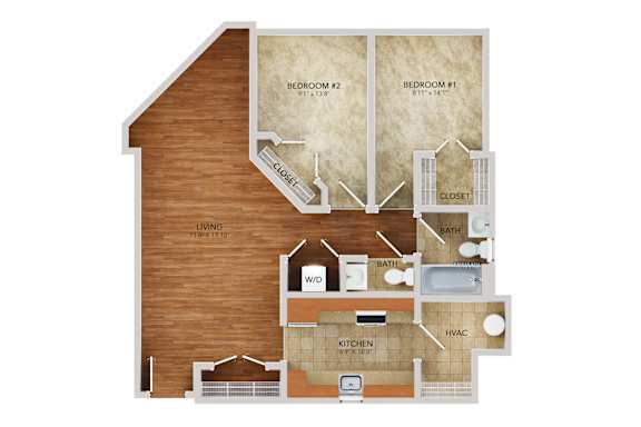 A drawing of a house with two bedrooms and a kitchen.