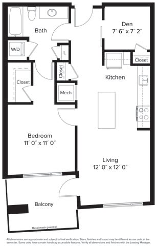 1 bedroom 1 bathroom floorplan A at Fort Totten Square, Washington DC, 20011