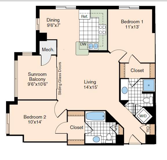A floor plan of a home with a living room, two bedrooms, a bathroom, a kitchen, and a dining area.