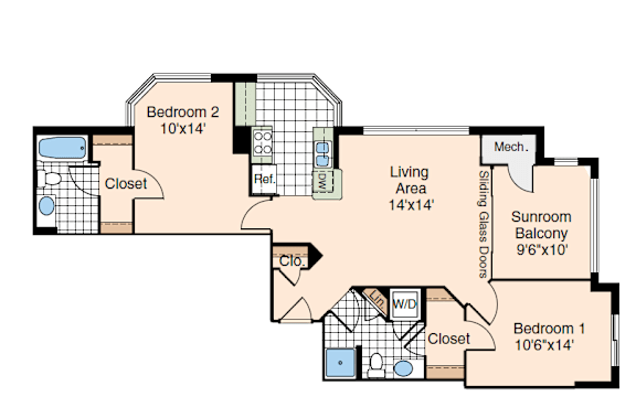 A floor plan of a house with two bedrooms, a living area, a sunroom, and a balcony