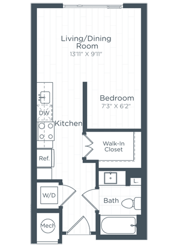 A floor plan of a small apartment with a living/dining room, kitchen, bedroom, and bathroom.