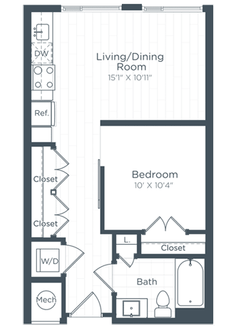 A floor plan of a small apartment with a living/dining room, bedroom, and bathroom.