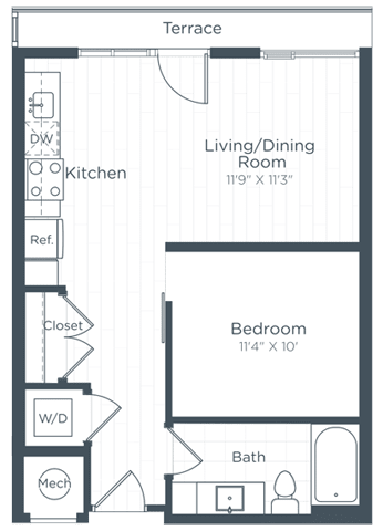 A floor plan of a small apartment with a living/dining room, kitchen, bedroom, bathroom, and closet.