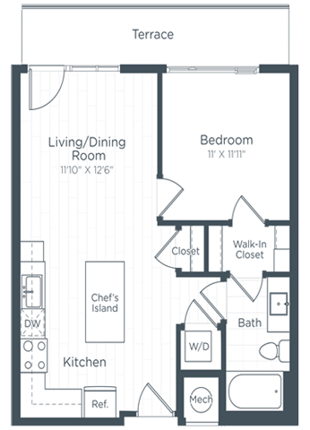 A floor plan of a small apartment with a living/dining room, kitchen, bedroom, and bathroom.