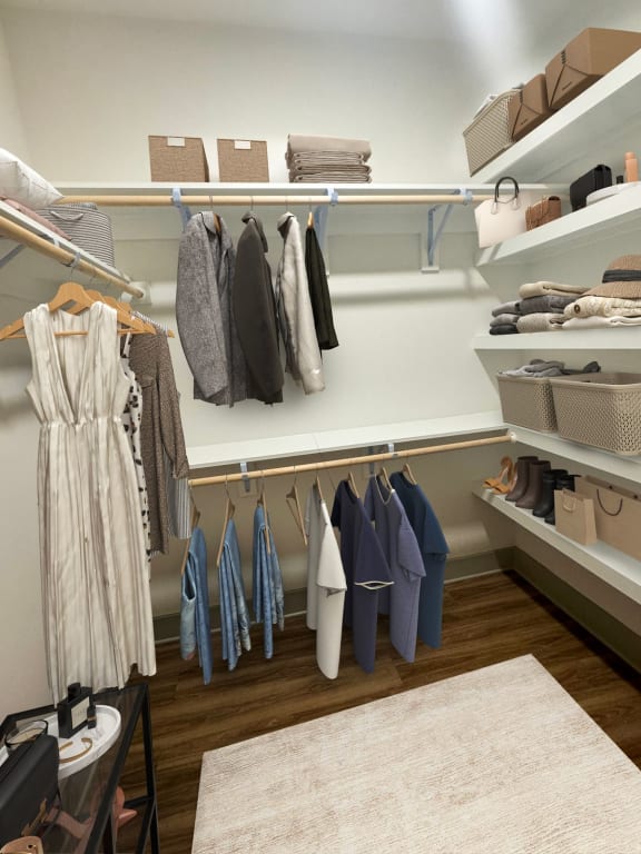 a walk in closet with shelves and racks of clothes  at South and Hollis, Charlotte, NC