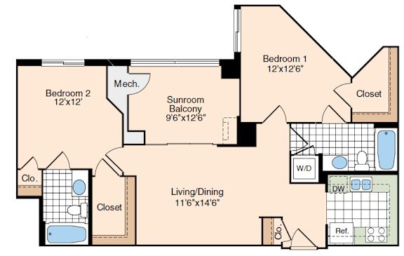 A floor plan of a house with two bedrooms, a living area, and a bathroom.