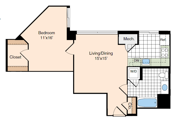 A floor plan of a room with a bedroom, living/dining area, and a mechanical section.