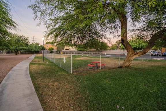 A park with a red picnic table and a tree at Sterling Point Apartment Homes, Phoenix, AZ, 85042