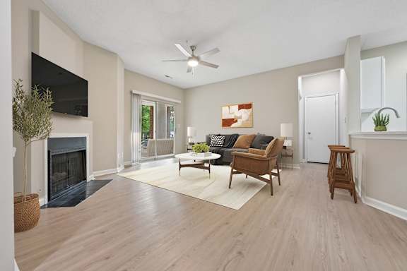A living room with a fireplace and a television.