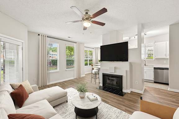 A living room with a fireplace and a television.