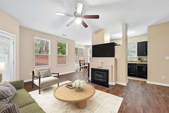 A living room with a fireplace and a television.