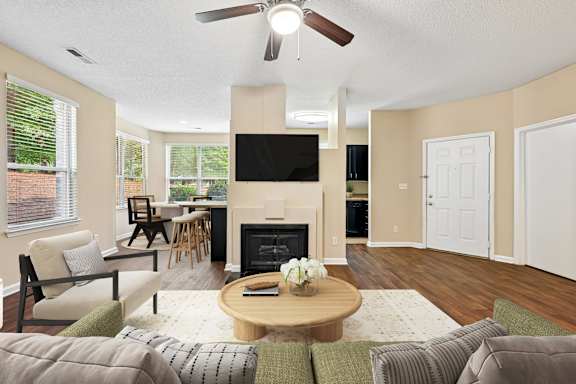 A living room with a fireplace and a television.