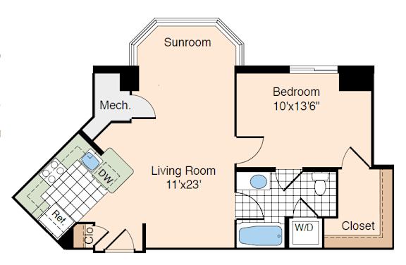 A floor plan of a room with a bed, a work desk, and a closet.