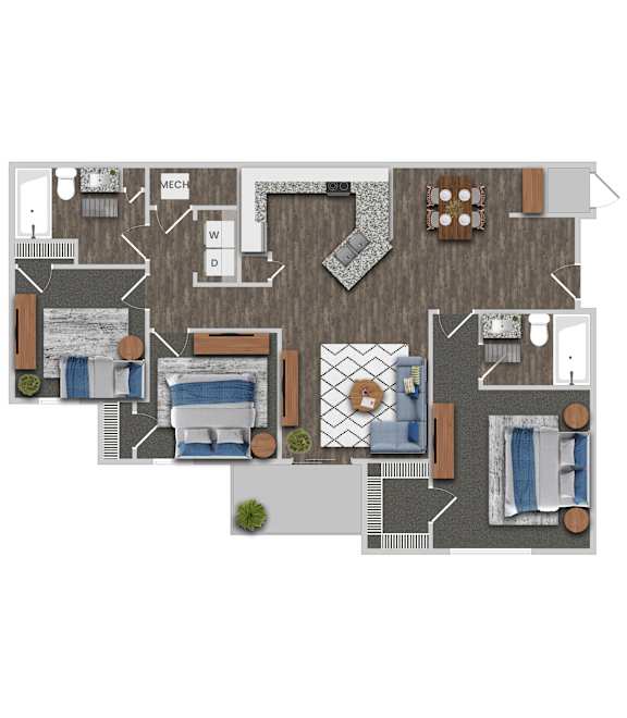 A floor plan of a house with a kitchen, living room, dining room, and two bedrooms.
