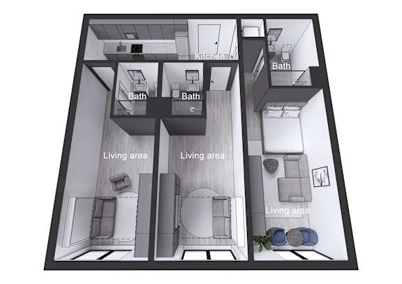 A black and white diagram of a house layout with living areas, kitchens, and bathrooms.