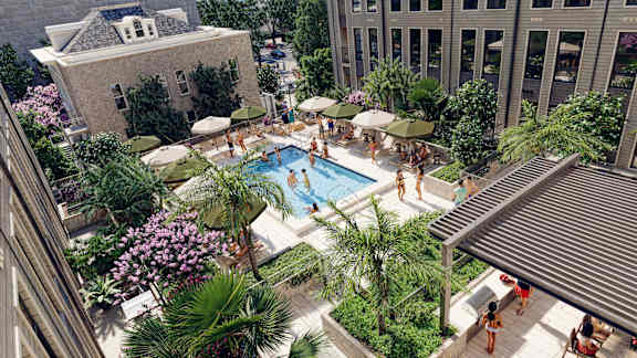 A pool surrounded by palm trees and umbrellas.