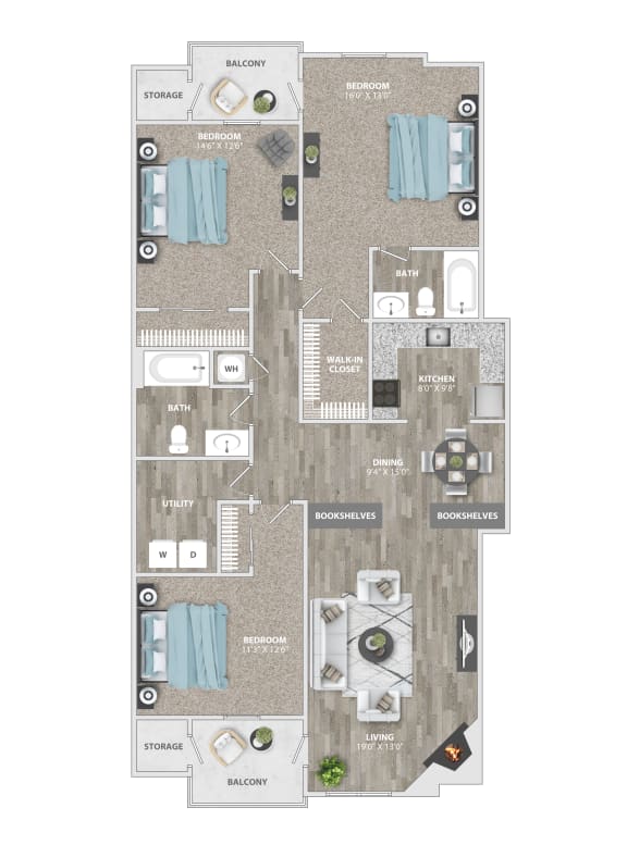 a typical floor plan of a 1 bedroom apartment at St. Andrews Reserve, North Carolina, 28412