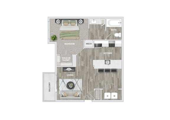Floor Plan  a floor plan of a 1 bedroom apartment at Brampton Moors, Cary, 27513