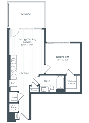 a floor plan of a bedroom apartment at Highgate at the Mile, McLean Virginia