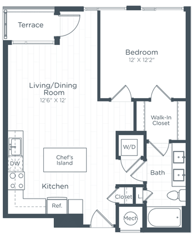 Floor Plan  a floor plan of a bedroom apartment at Highgate at the Mile, McLean, 22102