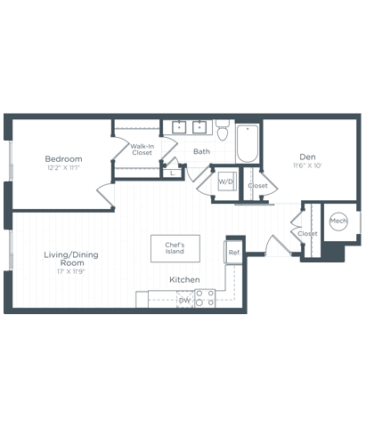 Floor Plan  a floor plan of a bedroom apartment at Highgate at the Mile, Virginia