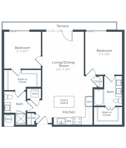 a floor plan of a bedroom apartment at Highgate at the Mile, McLean, VA