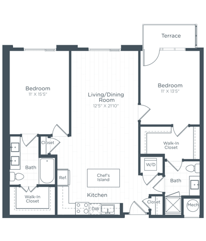 a floor plan of a bedroom apartment at Highgate at the Mile, McLean Virginia