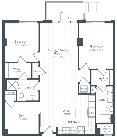 Floor Plan  a floor plan of a bedroom apartment at Highgate at the Mile, McLean
