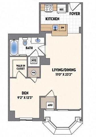 A floor plan of a one bedroom apartment with a living room, kitchen, bathroom, and den.