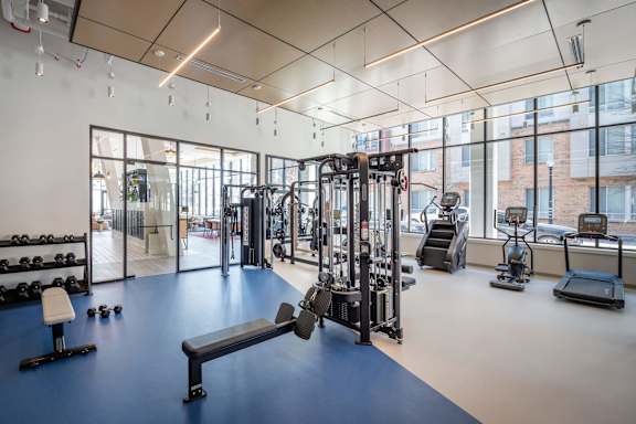 A gym with a variety of equipment including weights, treadmills, and exercise machines at Jayde Parkside Apartments, Washington, DC
