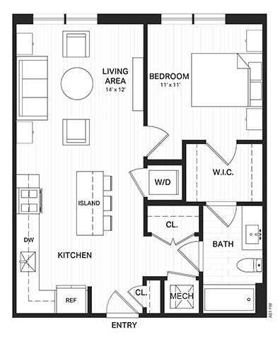 Floor Plan  One bedroom floor plan with walk-in closet at Vandeveer Apartments, Jacksonville