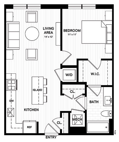 Floor Plan  One bedroom floor plan with walk-in closet at Vandeveer Apartments, Florida