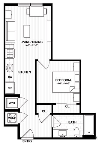 Floor Plan  One bedroom floor plan with open living space at Vandeveer Apartments, Jacksonville, FL