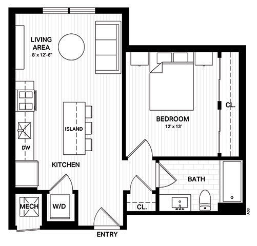 Floor Plan  One bedroom apartment floor plan layout at Vandeveer Apartments, Florida