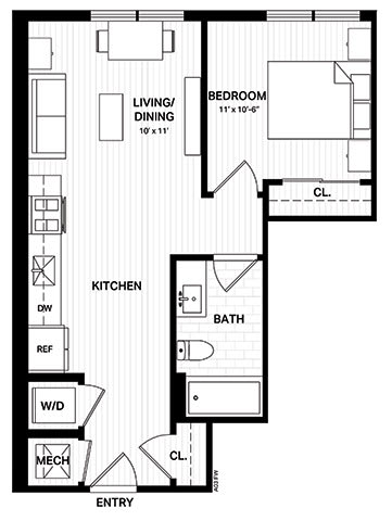 Floor Plan  One bedroom floor plan layout at Vandeveer Apartments, Jacksonville, 32202