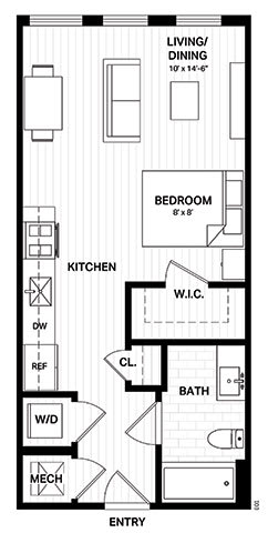 Floor Plan  Studio apartment floor plan with open layout at Vandeveer Apartments, Jacksonville, FL