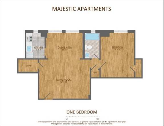1Bed 1Bath Floor Plan at Majestic Apartments, Washington